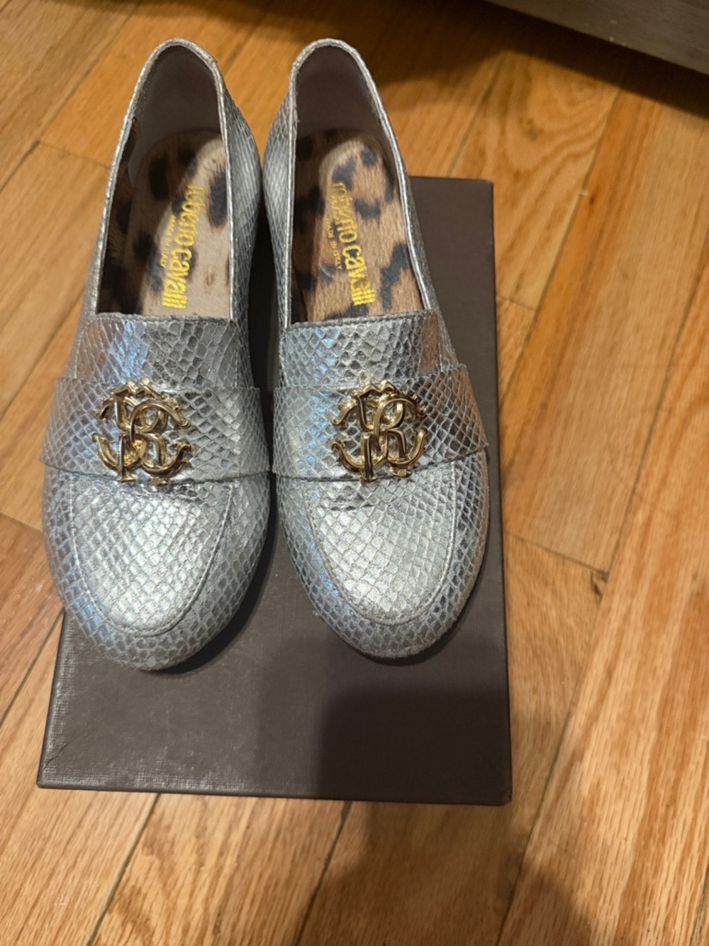 Roberto Cavalli Metallic Silver Snake-Embossed Loafers with Gold Logo